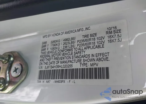 2017 Acura Rdx Acurawatch Plus Package z USA, uszkodzony, nr VIN 5J8TB4H39HL020255